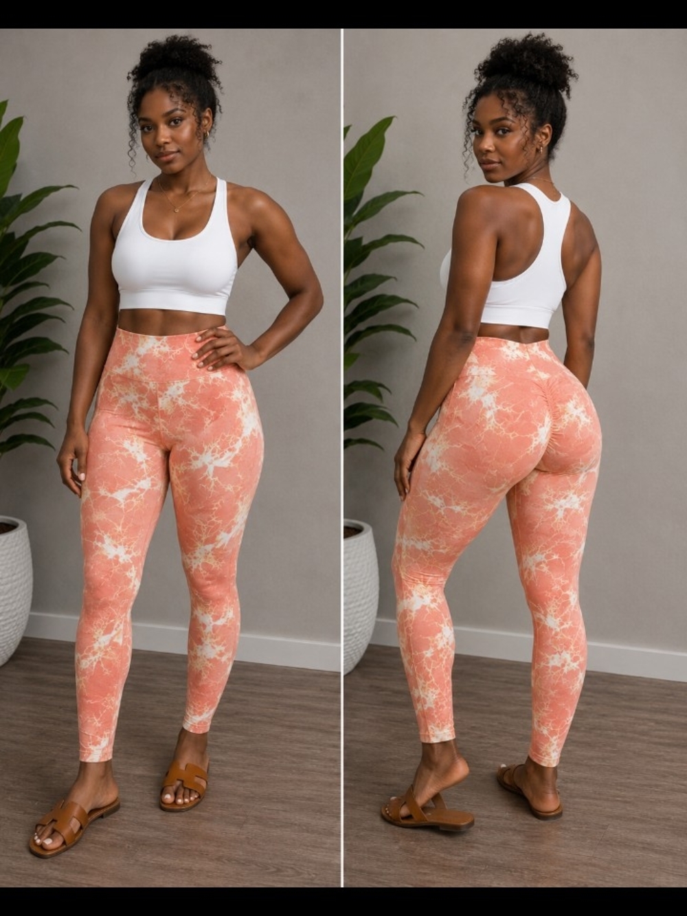 High-Waist Coral Tie-Dye Butt Lifting  Leggings with Sculpting Fit